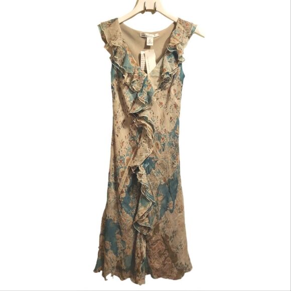 NWT David Warren Chiffon Dress Womens Teal & Cream Floral Lined Ruffle V-Neck - Picture 5 of 7